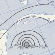 A contoured map showing intervals of pressure changes with contour lines. The contoured lines are concentrated near the: bottom of the——picture, 