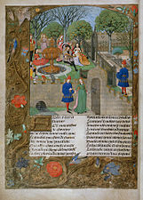 Fifteenth-century Illustration from the Roman de la Rose, a thirteenth-century French poem about a search for a red rose symbolizing the poet's love.