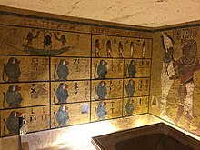 The wall decorations in KV62's burial chamber are modest in comparison with other royal tombs found in the Valley of the Kings Inside Pharaoh Tutankhamun's tomb, 18th dynasty.jpg