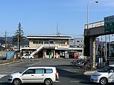 水郡線常陸太田駅前から見た常北太田駅跡。手前の道路は国道349号（2009年1月）