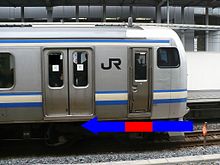Extent of the crumple zones (blue) and the driver's safety cell (red) of an E217 series train JR-East-E217-Side.jpg