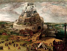 Cott Aug V fol.22 Costruire la Torre di Babele, miniatura da 'Le Tresor des  Histoires' (pergamena)