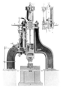 A imagem representa o martelo a vapor de James Nasmyth. O martelo tem como função moldar grandes peças de ferro forjado.