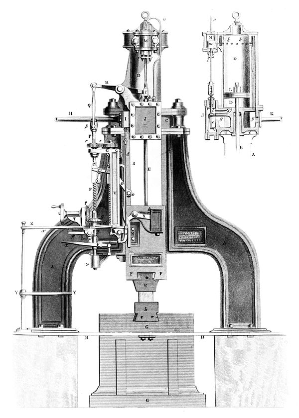 James Nasmyth's patent steam hammer as illustrated in Tomlinson's Cyclopaedia of Useful Arts, 1854