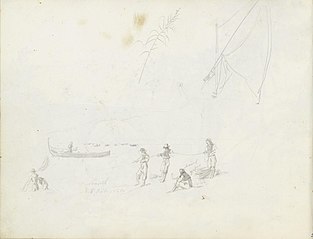 Strå og seil; strandparti med fiskere som trekker garn