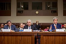 Secretary of State John Kerry, Secretary of Energy Ernest Moniz, and Secretary of the Treasury Jack Lew defended the Joint Comprehensive Plan of Action at a hearing of the Senate Foreign Relations Committee on July 23, 2015 John Kerry, Ernest Moniz and Jack Lew defending the Joint Comprehensive Plan of Action (19759429878).jpg