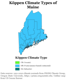 Koppen climate types of Maine, using 1991-2020 climate normals. Koppen Climate Types Maine.png