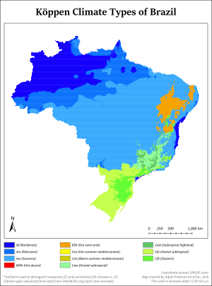 Map of Brazil showing the five geographical regions of the country. The