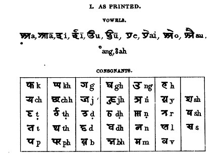 A printed form of the Kaithi script, as of the mid-19th century