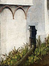 Sewage canal of a medieval house as depicted in 1447 St. Barbara Altarpiece in the National Museum in Warsaw. Kalteysen St. Barbara Altarpiece (detail) 01.jpg