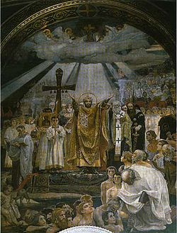 The Baptism of Kievans, a fresco by Viktor Vasnetsov. Kiev vasnetcov.jpg