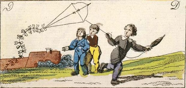 Boys flying a kite in 1828 Bavaria, by Johann Michael Voltz