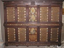 A panel recording some members of the Order of St Patrick in St Patrick's Cathedral, Dublin. Knights of Order of Saint Patrick. Dublin. Saint Patrick Cathedreal..jpg