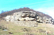 View of the cave monastery near the village of Krepcha, Opaka Municipality in Bulgaria. Here is found the oldest Cyrillic inscription, dated 921.[11]