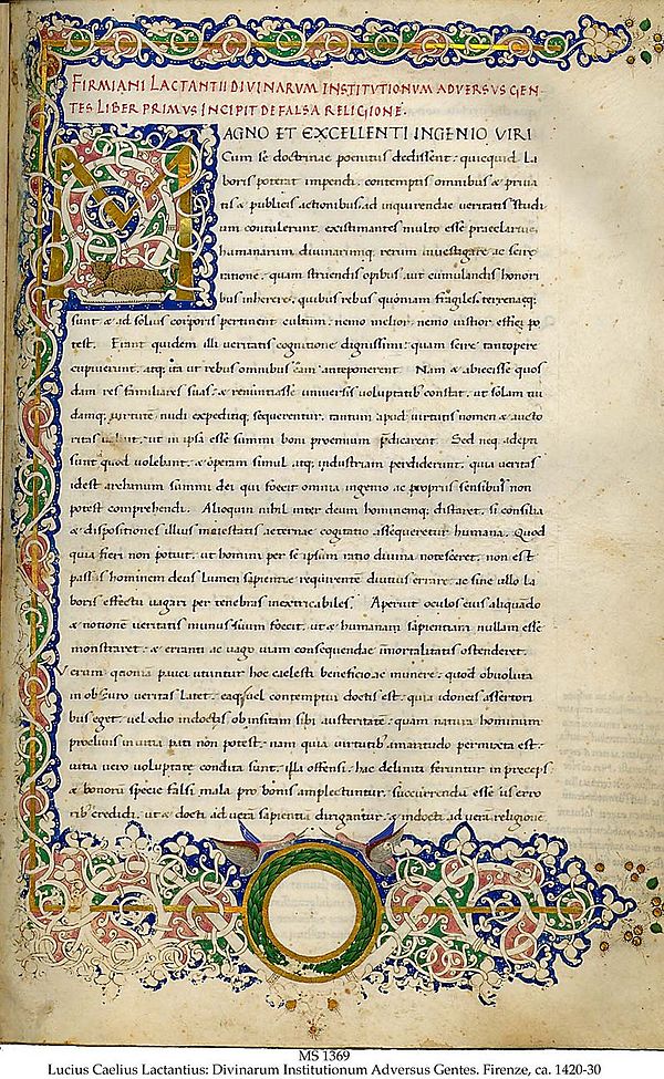 Beginning of Lactantius’ Divinae institutiones in a Renaissance manuscript written in Florence ca. 1420–1430 by Guglielmino Tanaglia