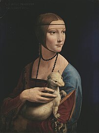 La Dame à l'hermine, huile sur bois de Léonard de Vinci (1489, musée Czartoryski de Cracovie). (définition réelle 30 894 × 41 545)