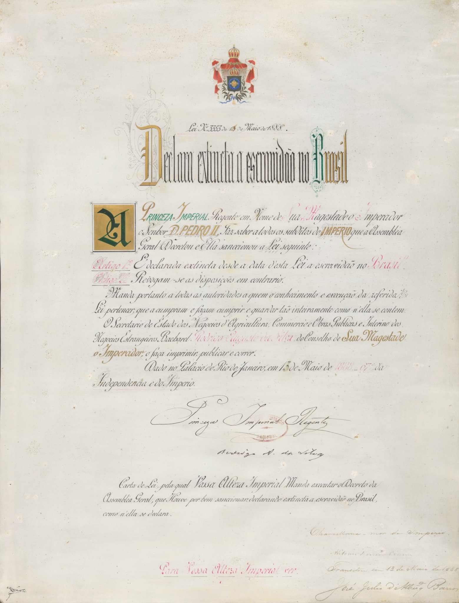 Imagem que mostra a Lei Áurea, que determinava a abolição da escravatura, em 1888