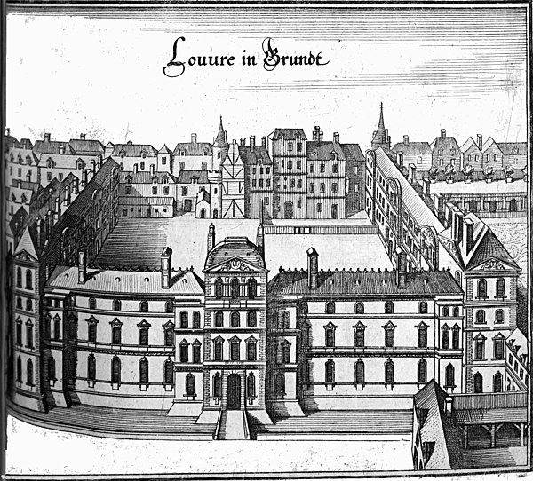 A pre-1655 view of the Louvre Palace from the wes, depicted in Topographia Galliae