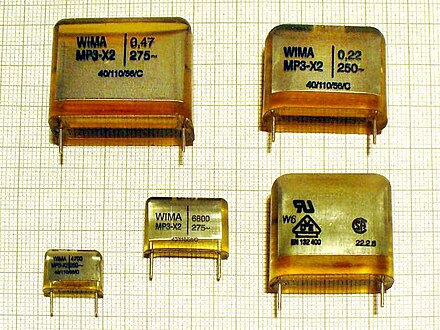 WIMA metallized paper (MP) capacitors rated X2, or "across the line" operation (typically in EMI suppression filters). These can safely connected to low-impedance AC mains at rated AC voltage (here, 250 and 275V). "Ordinary" capacitors may not be connected "across the line" even if their DC ratings are well above AC voltage. 40/110/56 marking denotes climate conditions per IEC 60068–1 (-40˚C to +110˚C).