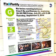 A 2014 sign warned NYC commuters that the G train would shut down for repair due to 2012 Hurricane Sandy flooding. Several subway lines flooded by Hurricane Sandy would eventually require saltwater corrosion repair. MTA Service Alert - Hurricane Sandy Fix & Fortify - Greenpoint Tube Recovery - Sept 2014 001.jpg