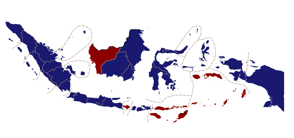 Results of the second round: the candidate with the majority of votes in each of the 32 provinces of Indonesia.
Susilo Bambang Yudhoyono: dark blue; Megawati Sukarnoputri: red. Map of 2004 Indonesian Presidential Election (2nd Round) - Provinces.svg