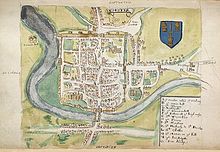 A 1588 plan of post-medieval Chester, showing the town walls, gates and crossing streets that Lucian describes Map of Chester (William Smith 1588).jpg