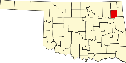 Location of Mayes County in Oklahoma Map of Oklahoma highlighting Mayes County.svg