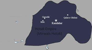 Map of the Hotak Empire during the Reign of Mirwais Hotak, 1715. Map of the Hotak Empire 1715, Mirwais Hotak.png