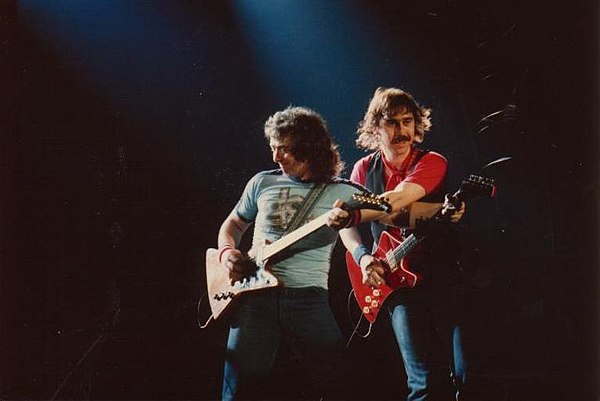 Bernie Marsden (left) and Micky Moody (right) performing with Whitesnake at the Hammersmith Odeon, 1981