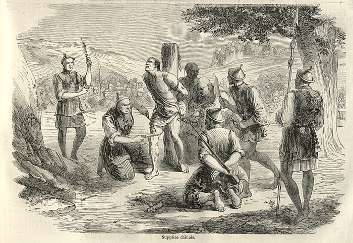 An 1858 illustration from the French newspaper Le Monde illustré, of the lingchi execution of a French missionary, Auguste Chapdelaine, in China