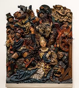 Polychromes Holzrelief, um 1520: Martyrium der Heiligen Katharina
