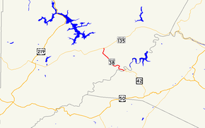 Mapa jižní Garrett County, Maryland, ukazující hlavní silnice. Maryland Route 38 spojuje Kitzmiller s MD 135.