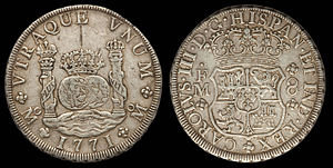 The Spanish dollar was the basis of the United States silver dollar. Mexico Carlos III Pillar Dollar of 8 Reales 1771.jpg