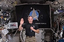 Colonel Michael S. Hopkins became the U.S. Space Force's first astronaut when he transferred from the U.S. Air Force on the International Space Station on 18 December 2020 Mike Hopkins Space Force transfer.jpg