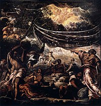 Miracle of the manna label QS:Len,"Miracle of the manna" label QS:Lpl,"Zesłanie manny" . 1577. oil on canvas medium QS:P186,Q296955;P186,Q12321255,P518,Q861259 . 550 × 520 cm (18 × 17 ft). Venice, Scuola Grande di San Rocco