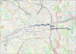 Map showing the M4 line, with a solid line depicting the already-open route and a dotted line showing the part of the route not yet opened Milano mappa M4.svg