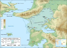Mapa wschodnich wybrzeży Morza Egejskiego w okolicach Miletu, z zaznaczoną linią brzegową w czasach przedhistorycznych, w okresie grecko-rzymskim i współcześnie.