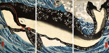 Miyamoto Musashi plunges his sword into a giant whale, from a 19th-century print by Utagawa Kuniyoshi. Its markings clearly identify it as a North Pacific right whale. Miyamoto-Musashi-Attacking-Giant-Whale-Utagawa-Kuniyoshi.png