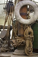 Details, rope coils, lifesaver, main mast and parts of the main deck of 1885 Schooner sailboat