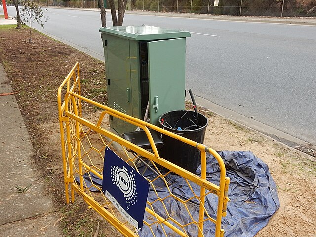 An NBN FTTN (fibre to the node) cabinet during installation