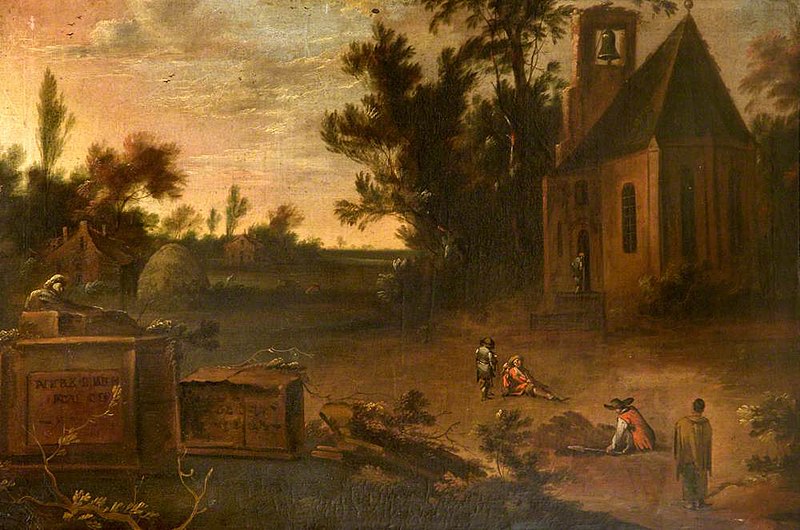 File:Netherlandish School - A Wooded Landscape with a Churchyard and Gravediggers - 1257192 - National Trust.jpg