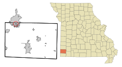 丹尼斯埃克斯在牛頓縣及密蘇里州的位置（以紅色標示）