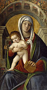 Nicolò Rondinello - Triptych s Madonnou a dítětem na trůně mezi archandělem Michalem a svatým Peterem - Walters 37517 - Center.jpg