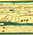 Ausschnitt aus der Tabula Peutingeriana mit Urspring als AD LUNAM, Pfeil oben Mitte, zwischen CLARENNA und AQUILEIA