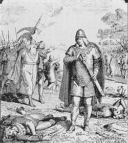 Wermund runs to embrace his victorious son Offa. Illustration by the Danish Lorenz Frolich in a 19th-century book. Offa acclame par son pere Varmund.jpg
