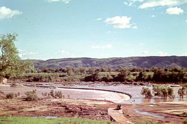 Crossing the Ord river at Kununarra, c. 1960.