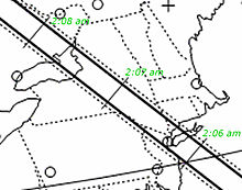 Path of occultation from New York to Ontario Outline map of the path of the shadow of asteroid (163) Erigone as it occults Regulus on March 20, 2014.jpg