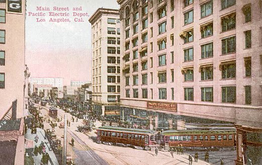 View north on Main from south of 6th, c.1910, Pacific Electric Building at right.