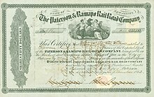 Share of the Paterson and Ramapo Rail Road Company, issued 2. September 1862 Paterson & Ramapo Rail Road Company 1862.jpg