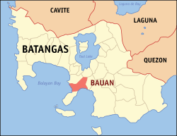 Map of Batangas showing the location of Bauan